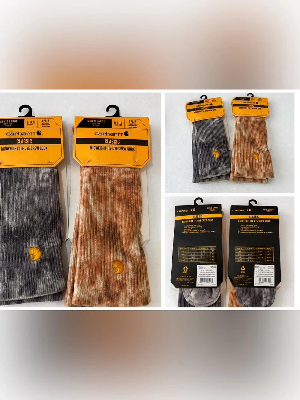 Carhartt Classic Midweight Tie-Dye Crew Socks Men's Large 9-11.5 NWT Set of 2